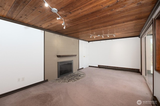 10414 43rd Street Ct E, Edgewood, WA 98372 - unfurnished living room featuring track lighting, carpet floors, wooden ceiling, a baseboard heating unit, and a tile fireplace