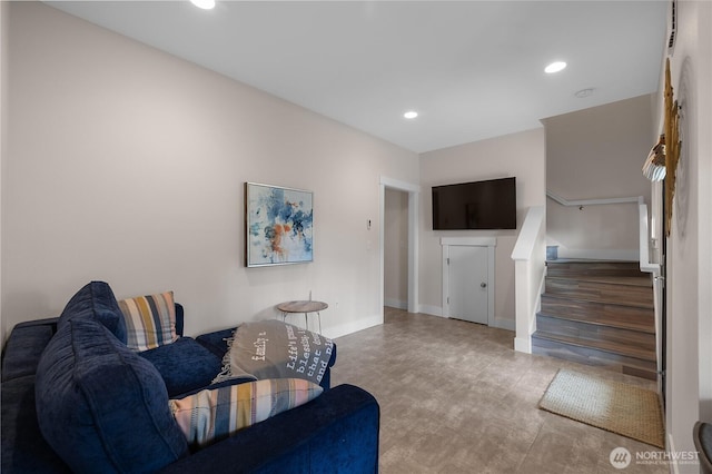 46 Seaside Ln, Pacific Beach, WA 98571 - living room featuring stairway and recessed lighting