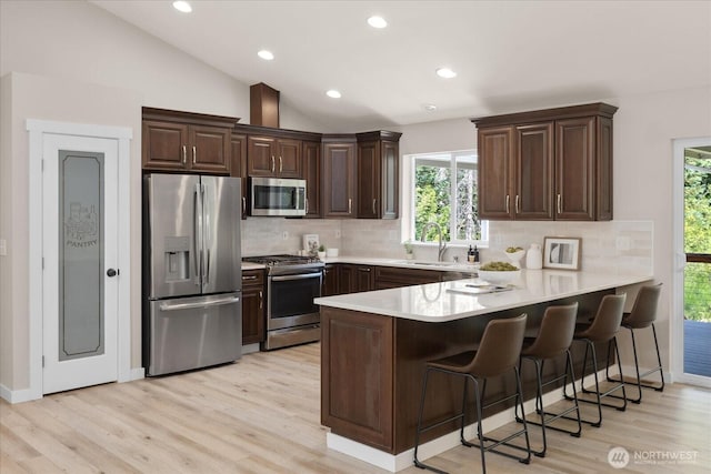 250 W Wynwood Dr, Shelton, WA 98584 - kitchen featuring appliances with stainless steel finishes, a peninsula, decorative backsplash, healthy amount of natural light, and lofted ceiling