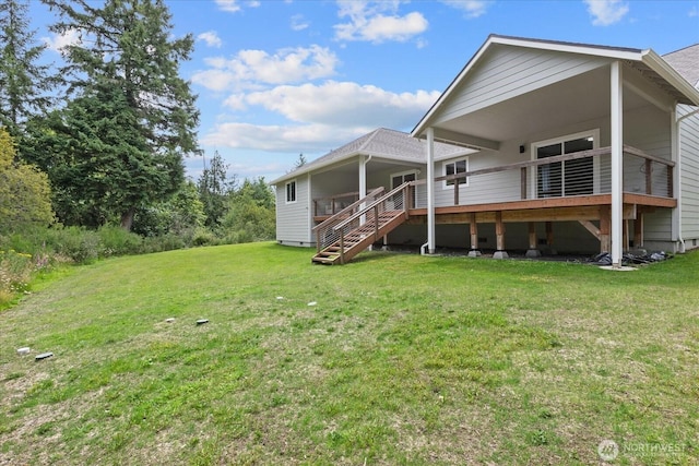 250 W Wynwood Dr, Shelton, WA 98584 - rear view of property featuring stairway, a yard, and a wooden deck