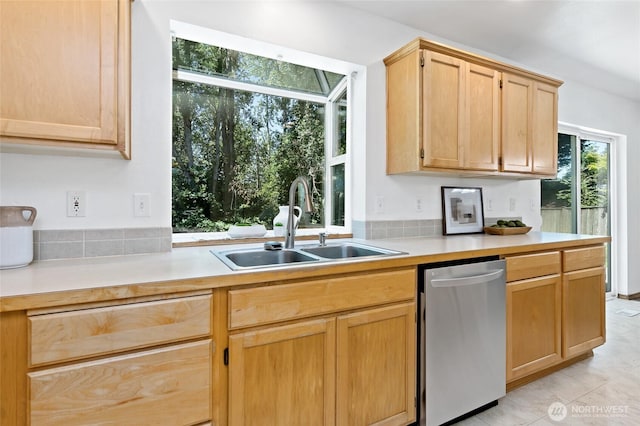 21012 82nd St E, Bonney Lake, WA 98391 - kitchen featuring dishwasher, light countertops, light brown cabinetry, and light tile patterned floors