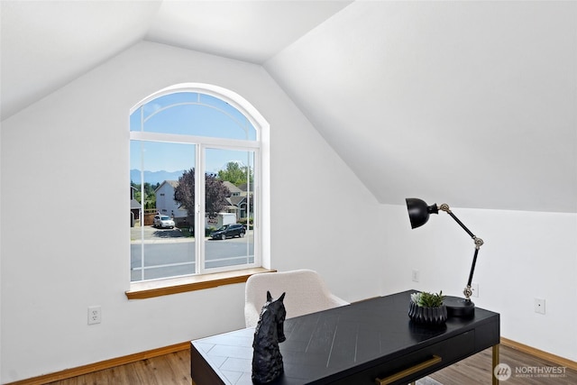 21012 82nd St E, Bonney Lake, WA 98391 - office area featuring lofted ceiling and wood finished floors