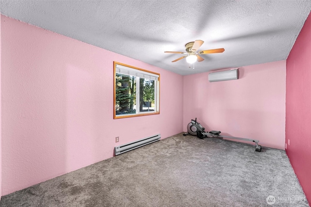 5215 Richmond Cres, Blaine, WA 98230 - carpeted spare room featuring a baseboard radiator, an AC wall unit, ceiling fan, and a textured ceiling
