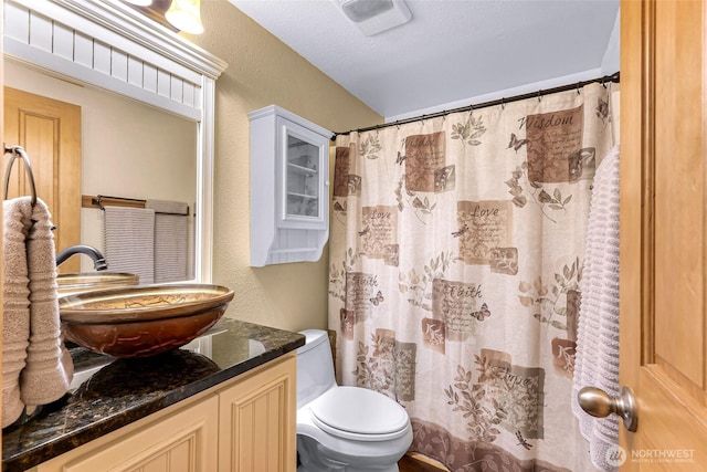 5215 Richmond Cres, Blaine, WA 98230 - bathroom with vanity, a textured wall, and a shower with shower curtain