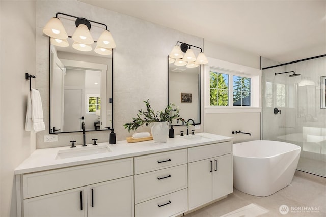 10511 NE 112th St, Kirkland, WA 98033 - full bath featuring a stall shower, a freestanding tub, and double vanity