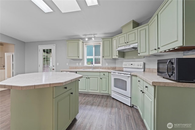 261 E Emerald Lake Dr W, Grapeview, WA 98546 - kitchen with electric range, under cabinet range hood, black microwave, green cabinetry, and wood finished floors