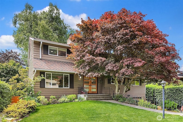 17905 3rd Ave NW, Shoreline, WA 98177 - view of front of house featuring a front yard, french doors, a shingled roof, and a chimney