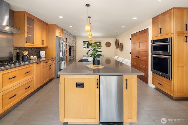 17905 3rd Ave NW, Shoreline, WA 98177 - kitchen with wall chimney range hood, stainless steel appliances, light tile patterned flooring, tasteful backsplash, and glass insert cabinets
