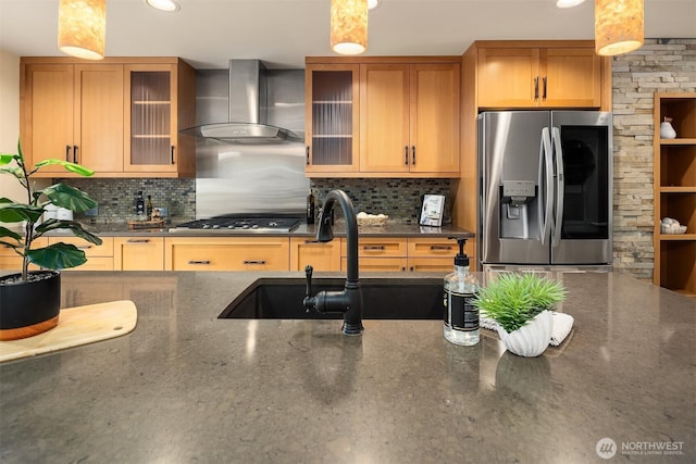 17905 3rd Ave NW, Shoreline, WA 98177 - kitchen featuring appliances with stainless steel finishes, wall chimney range hood, backsplash, dark stone countertops, and recessed lighting