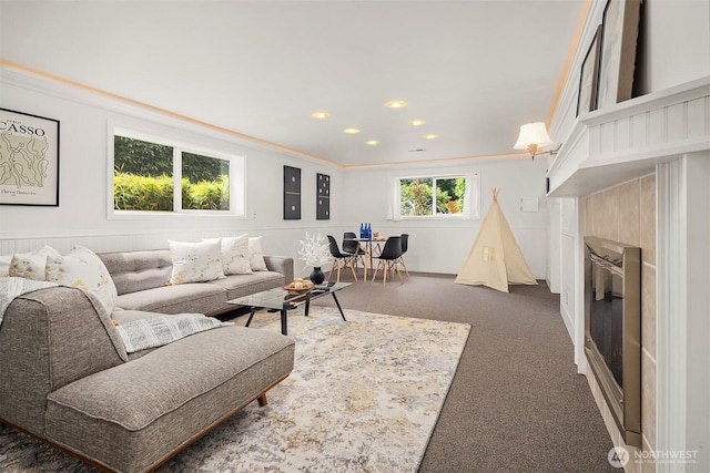 17905 3rd Ave NW, Shoreline, WA 98177 - living room with carpet flooring, a glass covered fireplace, and recessed lighting
