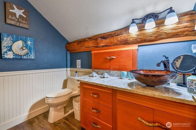 793 E Stadium Beach Rd W, Grapeview, WA 98546 - bathroom featuring wood finished floors, lofted ceiling, wainscoting, vanity, and a textured ceiling