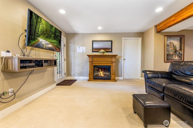 793 E Stadium Beach Rd W, Grapeview, WA 98546 - living room featuring carpet, recessed lighting, and a glass covered fireplace