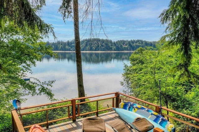 793 E Stadium Beach Rd W, Grapeview, WA 98546 - wooden terrace with a water view and a view of trees