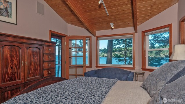 755 Ferry Rd, Lopez Island, WA 98261 - bedroom featuring wooden ceiling and multiple windows
