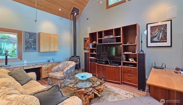 755 Ferry Rd, Lopez Island, WA 98261 - living room with high vaulted ceiling, a wood stove, light wood-style flooring, wooden ceiling, and plenty of natural light