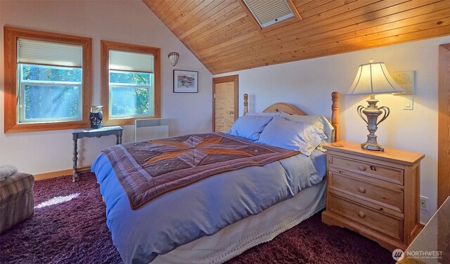 755 Ferry Rd, Lopez Island, WA 98261 - bedroom with carpet flooring, vaulted ceiling, and wood ceiling