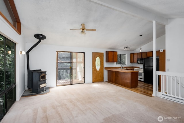 6 Hillside Pl, Bellingham, WA 98229 - unfurnished living room with a wood stove, a ceiling fan, light carpet, and plenty of natural light