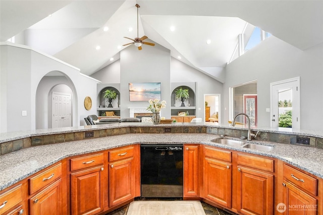 10391 Rd 5.6 NE, Moses Lake, WA 98837 - kitchen with high vaulted ceiling, black dishwasher, open floor plan, light stone countertops, and a ceiling fan