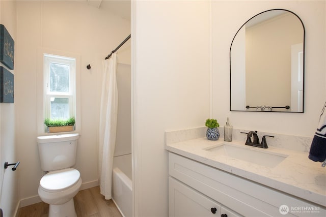 36715 Allen Rd S, Roy, WA 98580 - full bathroom featuring vanity, wood finished floors, and shower / bath combination with curtain