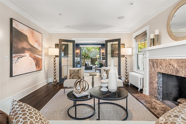 1631 Interlaken Pl E, Seattle, WA 98112 - living room with radiator, wood finished floors, a premium fireplace, crown molding, and healthy amount of natural light