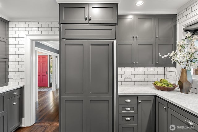 1631 Interlaken Pl E, Seattle, WA 98112 - kitchen featuring gray cabinetry, crown molding, backsplash, light stone countertops, and recessed lighting