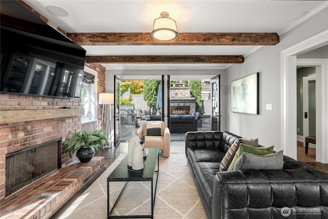 1631 Interlaken Pl E, Seattle, WA 98112 - living room with a brick fireplace, beamed ceiling, and ornamental molding