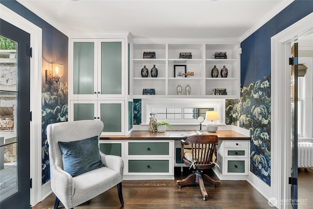 1631 Interlaken Pl E, Seattle, WA 98112 - office area featuring dark wood-type flooring, built in study area, wallpapered walls, and crown molding