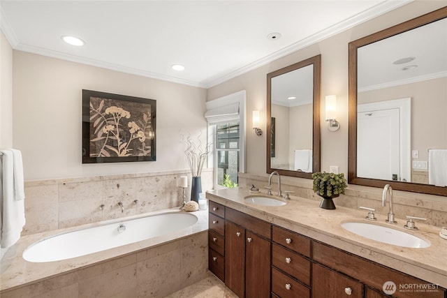 1631 Interlaken Pl E, Seattle, WA 98112 - full bathroom with a bath, double vanity, ornamental molding, and recessed lighting