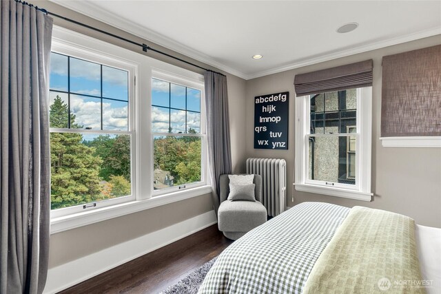 1631 Interlaken Pl E, Seattle, WA 98112 - bedroom with radiator, dark wood-type flooring, multiple windows, crown molding, and recessed lighting