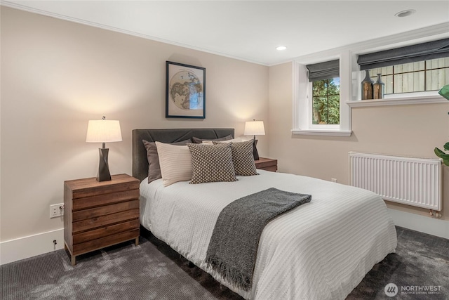 1631 Interlaken Pl E, Seattle, WA 98112 - bedroom featuring radiator, dark carpet, crown molding, and recessed lighting