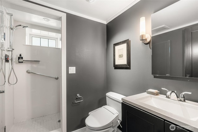 1631 Interlaken Pl E, Seattle, WA 98112 - bathroom with a shower stall, vanity, and ornamental molding