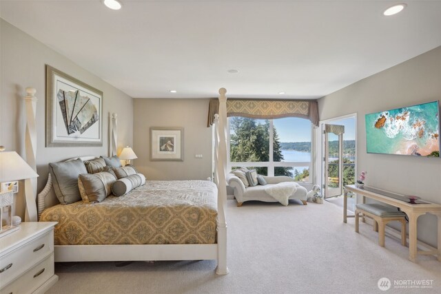 1706 205th Pl NE, Sammamish, WA 98074 - bedroom featuring access to outside, light colored carpet, and recessed lighting