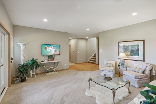 1706 205th Pl NE, Sammamish, WA 98074 - living room featuring stairs, carpet, and recessed lighting