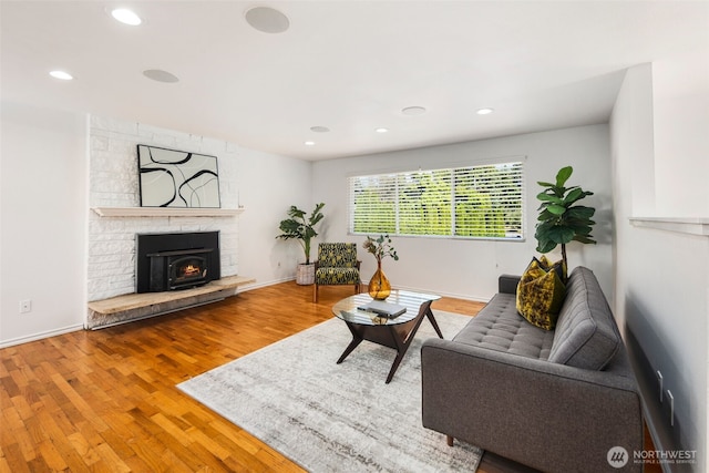 20101 95th Pl NE, Bothell, WA 98011 - living area featuring wood finished floors, recessed lighting, and a large fireplace