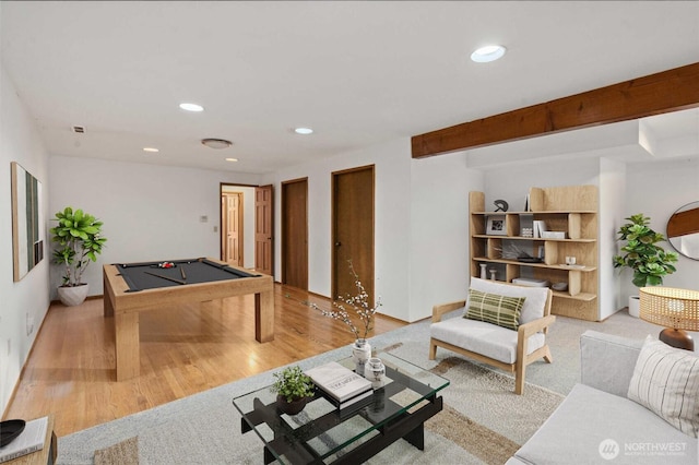3216 142nd Pl NE, Bellevue, WA 98007 - living room featuring billiards table, wood finished floors, and recessed lighting