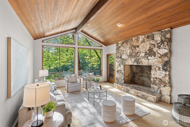 3216 142nd Pl NE, Bellevue, WA 98007 - living area featuring carpet, wood ceiling, plenty of natural light, and a fireplace