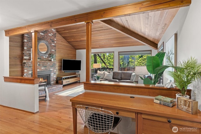 3216 142nd Pl NE, Bellevue, WA 98007 - living area featuring light wood-style flooring, a brick fireplace, and wood ceiling