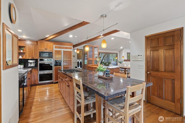 3216 142nd Pl NE, Bellevue, WA 98007 - kitchen featuring built in appliances, light wood-style flooring, beam ceiling, open shelves, and recessed lighting