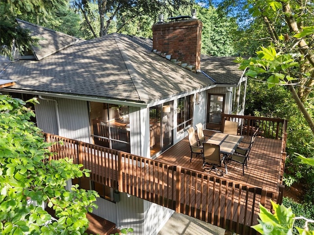 3216 142nd Pl NE, Bellevue, WA 98007 - back of house with a shingled roof, a chimney, outdoor dining space, and a deck