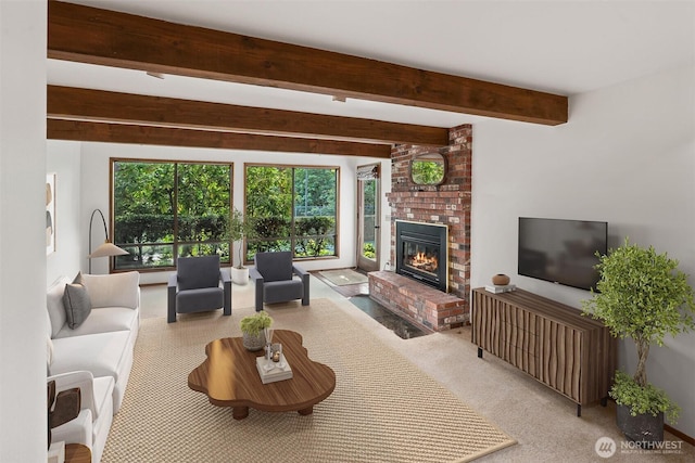 3216 142nd Pl NE, Bellevue, WA 98007 - living room featuring carpet floors, beam ceiling, and a brick fireplace