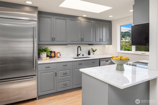 2301 Fairview Ave E Unit 404, Seattle, WA 98102 - kitchen with stainless steel appliances, gray cabinets, light wood-type flooring, light countertops, and recessed lighting