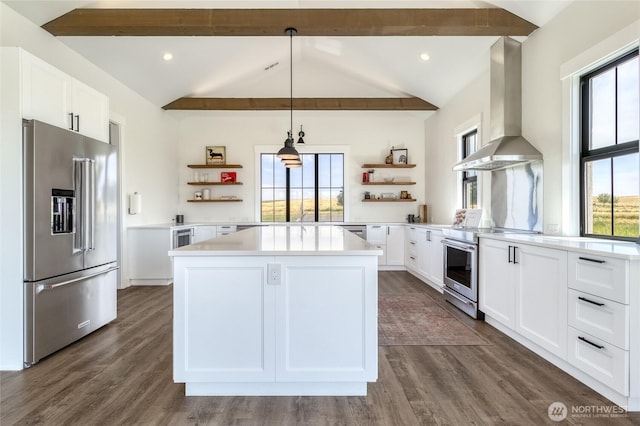 2617 Byrnes Rd, Touchet, WA 99360 - kitchen featuring open shelves, appliances with stainless steel finishes, wall chimney exhaust hood, and a kitchen island