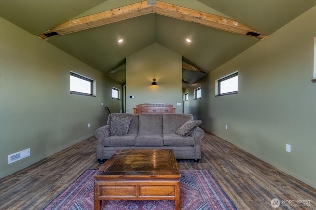 2617 Byrnes Rd, Touchet, WA 99360 - living room featuring wood finished floors, high vaulted ceiling, recessed lighting, and beam ceiling