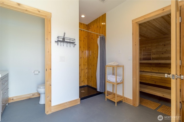 2617 Byrnes Rd, Touchet, WA 99360 - bathroom with a shower with shower curtain, finished concrete floors, recessed lighting, and vanity
