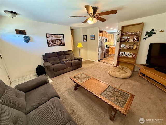 1700 Lincoln Park Cir, Wenatchee, WA 98801 - living room featuring light colored carpet, a ceiling fan, and recessed lighting