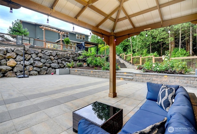 5708 197th Pl SE, Bothell, WA 98012 - view of patio / terrace with a gazebo, an outdoor hangout area, and stairs