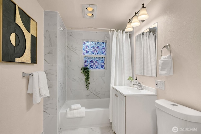 18006 116th Ave SE, Renton, WA 98058 - full bathroom featuring vanity, shower / bath combination with curtain, and marble look tiles