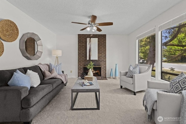 31609 41st Ave SW, Federal Way, WA 98023 - living area with carpet flooring, ceiling fan, a textured ceiling, and a fireplace
