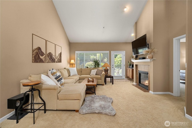6547 Lindsay Ave SE Unit 18C, Auburn, WA 98092 - carpeted living room with high vaulted ceiling and a fireplace