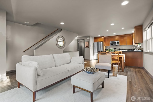 923 N 85th St Unit A, Seattle, WA 98103 - living room featuring recessed lighting, wood finished floors, and stairway
